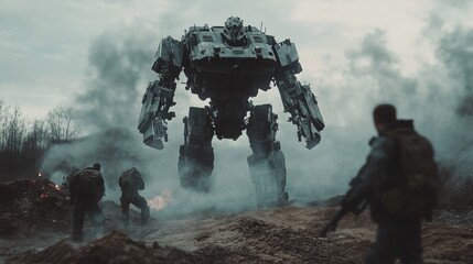 Soldiers are attacked by a giant robot on the battlefield