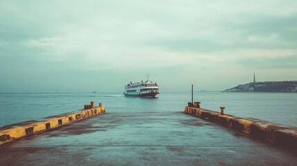 A ferry boat approaches a pier on a calm sea under a cloudy sky, with coastal city in the distance