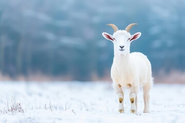 Fototapeta premium A solitary white goat gracefully standing amidst a serene snowy landscape under a clear blue sky evoking tranquility and the beauty of nature