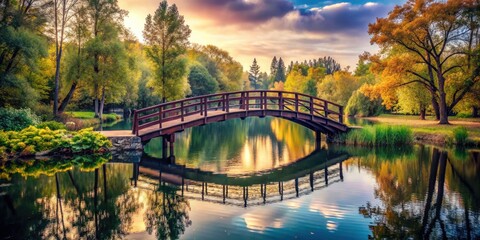 Obraz premium Vintage Style Photography of a Small Wooden Bridge Over a Serene Lake Surrounded by Nature, Capturing Rustic Charm and Tranquility in Soft Light