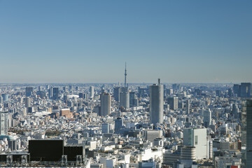 東京都庁展望室から見たスカイツリー方面の風景とビル群