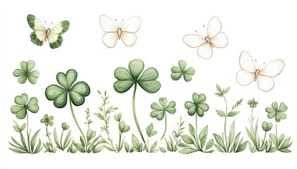 Delicate watercolor illustration of green clovers and butterflies against a white background, ideal for nature themes