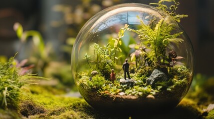 Miniature World in a Glass Globe: A captivating terrarium showcasing a lush ecosystem, complete with tiny figurines and vibrant greenery, creating a serene and enchanting scene.