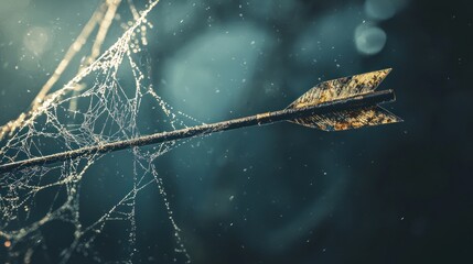 Rusted arrow caught in a spiderweb, outdoor setting.