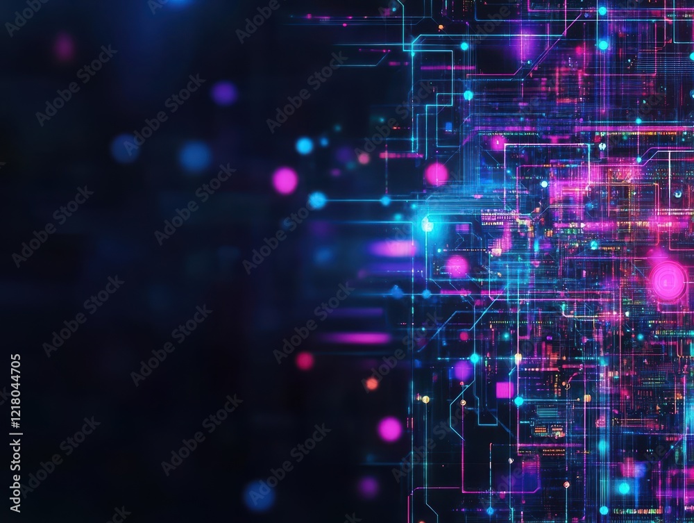 Poster Vibrant Computer Circuit Board Illuminated by Colorful LED Lights Creating a Futuristic and Technological Atmosphere in a High-Tech Environment