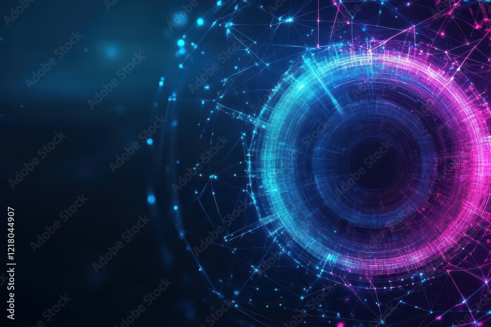 Poster illuminated circular shape radiating blue and pink light creating a vibrant and hypnotic atmosphere 