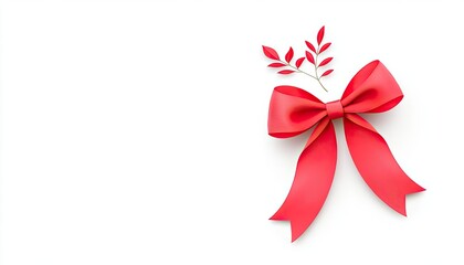 Elegant red bow with green foliage on a white background, ideal for festive decorations or gifts