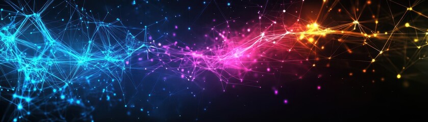 Fototapeta premium Abstract visualization of artificial intelligence, neural networks in vibrant colors, glowing energy lines, dark background, digital art style
