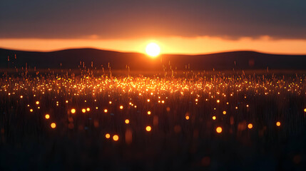 Obraz premium Magical Sunset Landscape with Glowing Field and Golden Hues