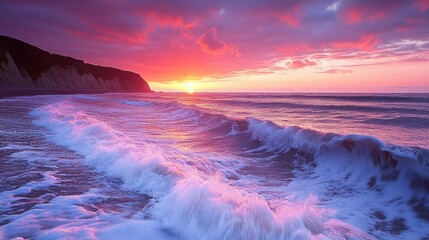 Fototapeta premium Serene sunset over a tranquil ocean with gentle waves lapping against the shore