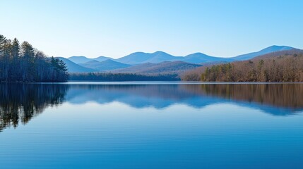 Obraz premium Calm lake reflecting mountains under a clear sky.
