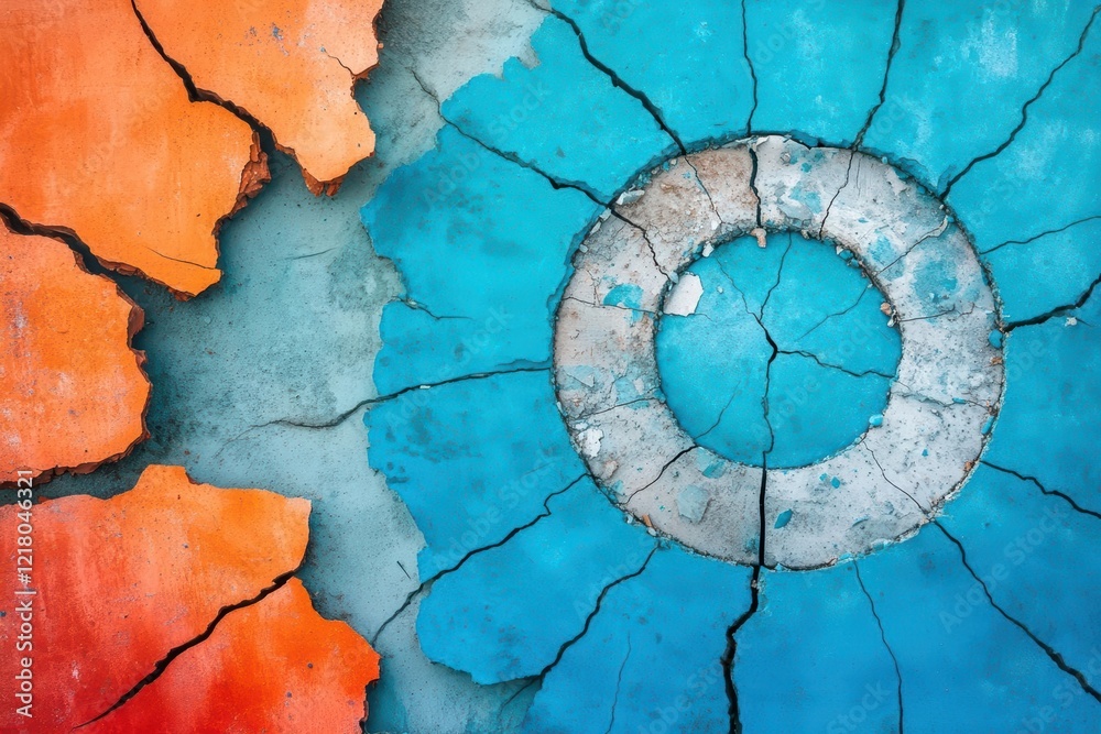 Poster Vibrant Blue and Orange Wall with Circular Opening Creating a Unique Architectural Detail Evoking Curiosity and Artistic Expression in Urban Setting