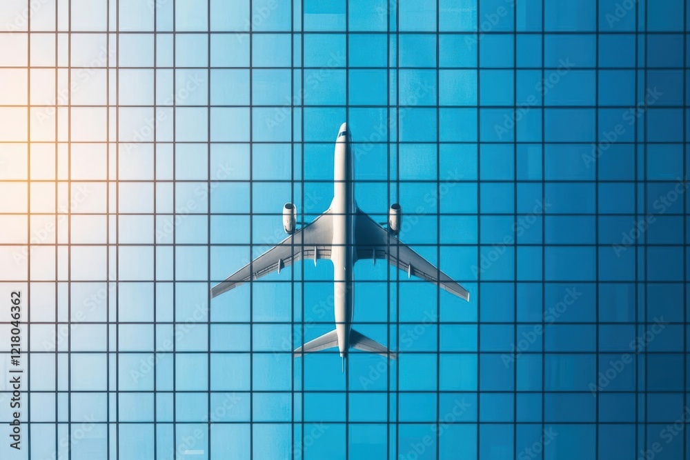 Poster a majestic airplane soaring through a clear blue sky with fluffy white clouds in a bright daylight s
