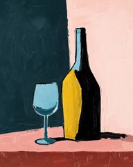 Wine Bottle and Wine Glass Retro Art Painting