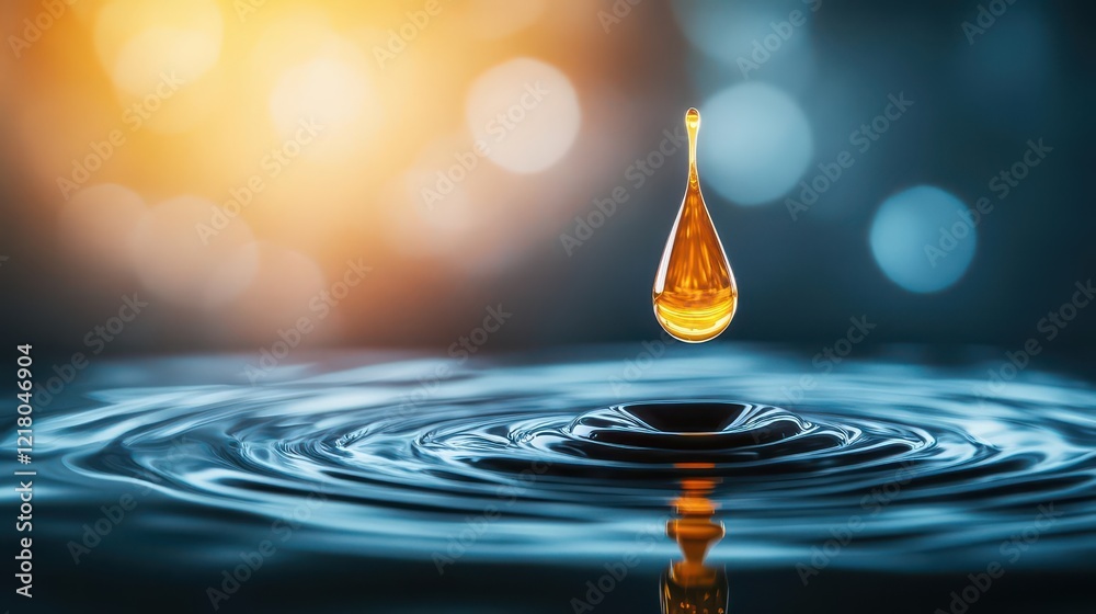 Aufkleber an oil drop creating ripples in a pool of black liquid, soft glowing light, and moody atmosphere