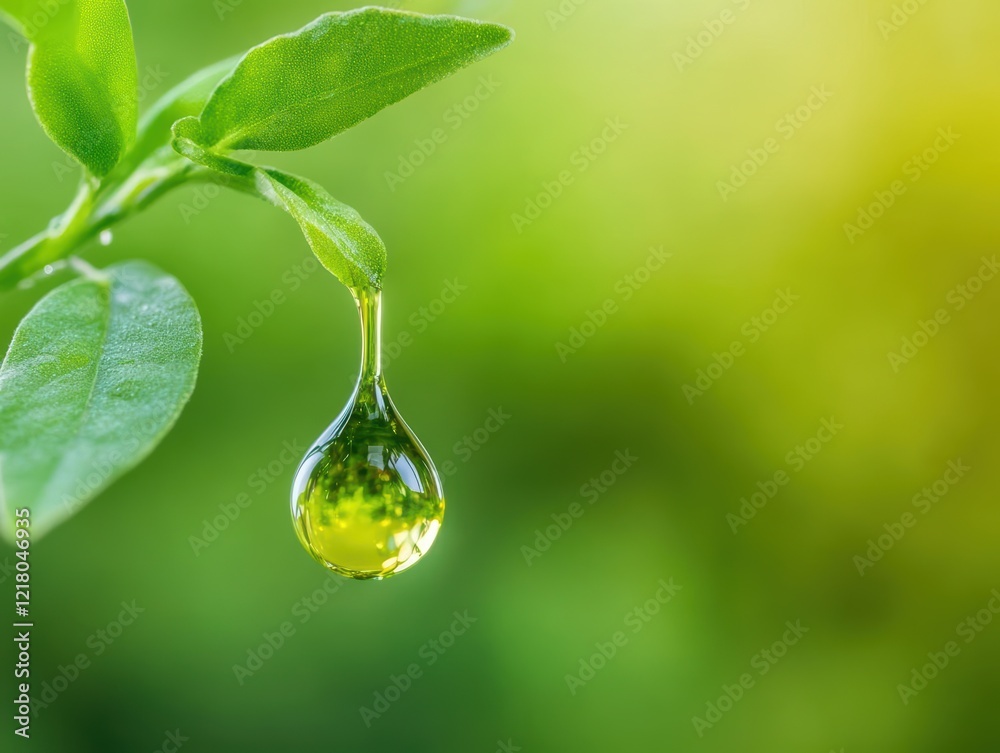 Poster a glimmering drop of water suspended from a leaf's tip reflecting nature's beauty in a tranquil fore