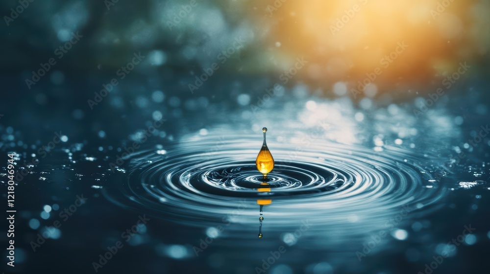 Aufkleber an oil drop creating ripples in a pool of black liquid, soft glowing light, and moody atmosphere