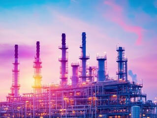 Obraz premium Vibrant Sunset Illuminating an Industrial Refinery with Silhouetted Structures and Smokestacks Against a Colorful Sky Evoking a Sense of Industry and Nature