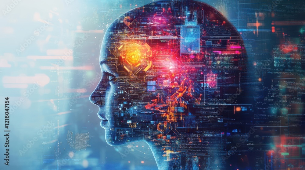 Poster a thoughtful woman surrounded by a futuristic digital interface illustrating the intersection of hum