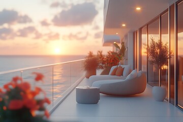 Sunset view from luxury oceanfront balcony with modern furniture.