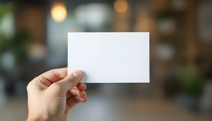 A hand holding a blank white card, close-up focus, with a blurred professional background, creating a clean and minimalistic look.