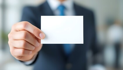 A hand holding a blank white card, close-up focus, with a blurred professional background, creating a clean and minimalistic look.