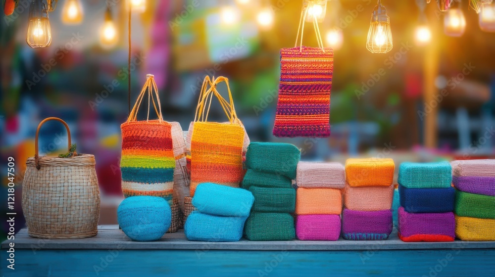 Aufkleber vibrant display of colorful bags and twinkling lights suspended from a string creating a festive and