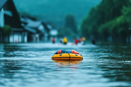 Rescue boats navigating through a flooded town, people being saved, hopeful mood