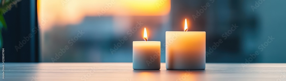 Aufkleber Two Elegant White Candles Illuminating a Cozy Table Setting Creating a Warm and Inviting Atmosphere Perfect for Intimate Gatherings and Relaxation