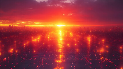 Obraz premium Fiery Sunset over Cityscape: A Dramatic Aerial View