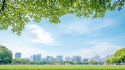 Obraz premium Tranquil Park Scene Featuring Lush Green Grass and Towering Trees Under a Bright Blue Sky Inviting Peaceful Outdoor Leisure and Natural Beauty