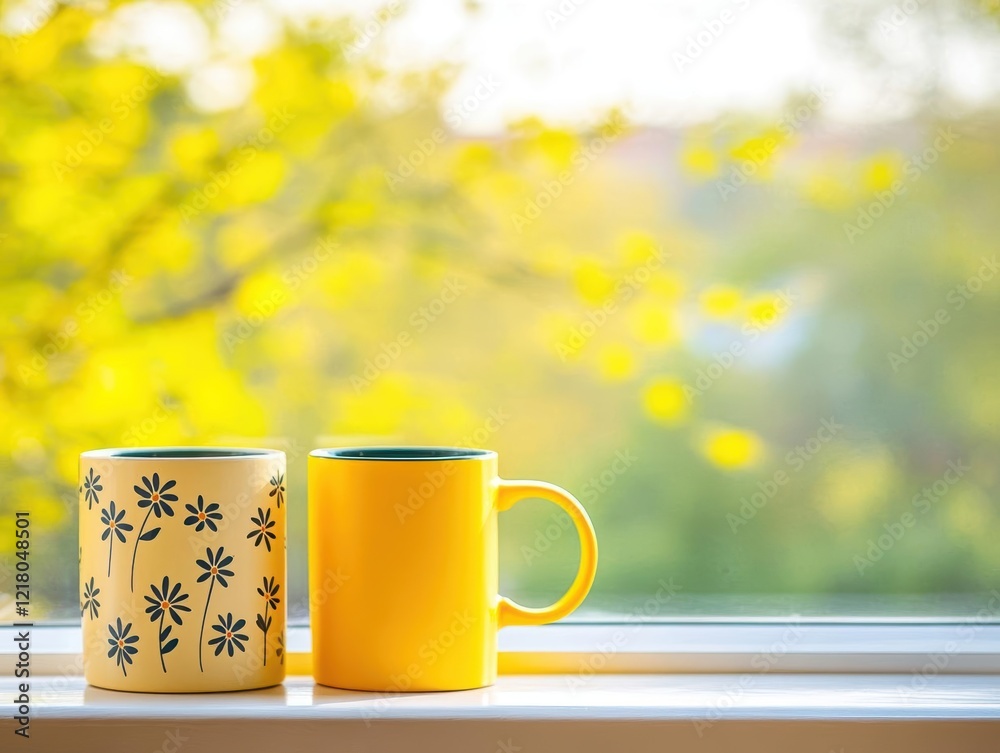 Aufkleber two vibrant yellow mugs resting on a sunlit windowsill surrounded by soft natural light creating a c