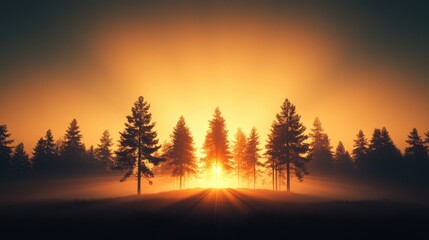 Obraz premium Serene sunset over a forest with tall trees casting long shadows, creating a tranquil atmosphere