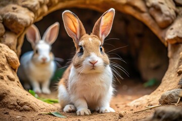 Fototapeta premium Adorable Zoo Rabbits: White & Brown Bunny Portrait Near Burrow Hole