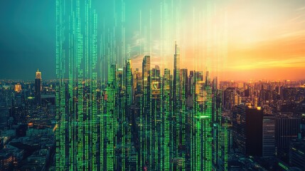 Futuristic digital cityscape with green binary code overlay during sunset time