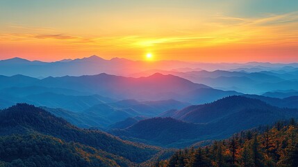 Breathtaking sunset over layered mountain ranges with a vibrant sky and serene landscape