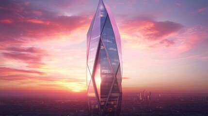 Futuristic skyscraper at sunset, reflecting vibrant colors.