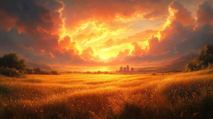 Fototapeta premium Golden sunset over a vast field with distant city skyline and dramatic cloud formations