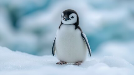 Naklejka premium Adorable penguin chick on Antarctic ice, icy background, wildlife photography