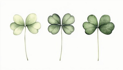 Three delicate green clover leaves arranged in a row on a white background, symbolizing luck and nature