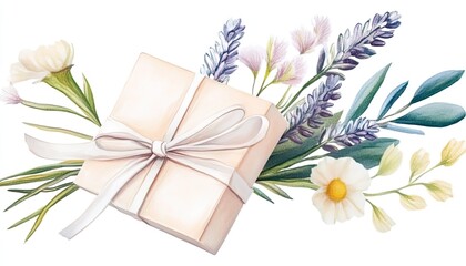 A beautifully wrapped gift surrounded by delicate flowers, symbolizing celebration and joy in a serene setting