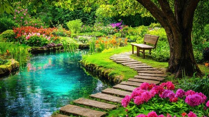 Serene garden with stone path, bench, flowers, and stream.