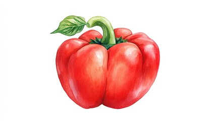 Vibrant red bell pepper with a fresh green leaf, showcasing its glossy texture against a white background