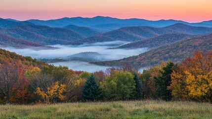 Obraz premium Breathtaking autumn mountain landscape with colorful trees and fog at dawn