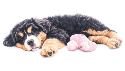 A sleeping puppy with fluffy black and brown fur rests peacefully beside a soft pink toy in a serene setting