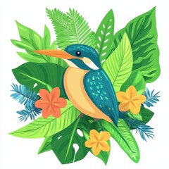 Obraz premium Colorful Kingfisher Bird Surrounded by Lush Tropical Leaves and Flowers