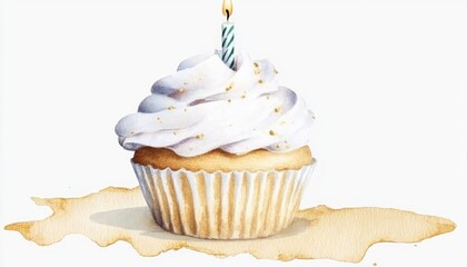 A beautifully decorated cupcake with a lit candle on top, surrounded by a watercolor splash, ideal for celebrations