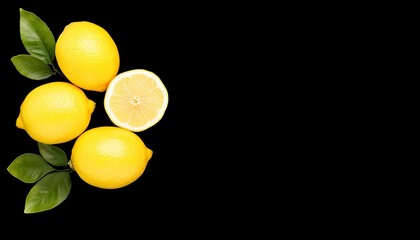 Fresh, vibrant lemons arranged with a sliced lemon on a black background, ideal for culinary uses