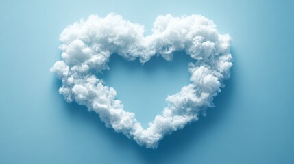 Fototapeta premium Fluffy White Cloud Heart with Empty Space on Blue Background Minimalist Valentines Day Concept