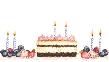 A beautifully decorated birthday cake with candles, surrounded by fresh berries, set against a plain background